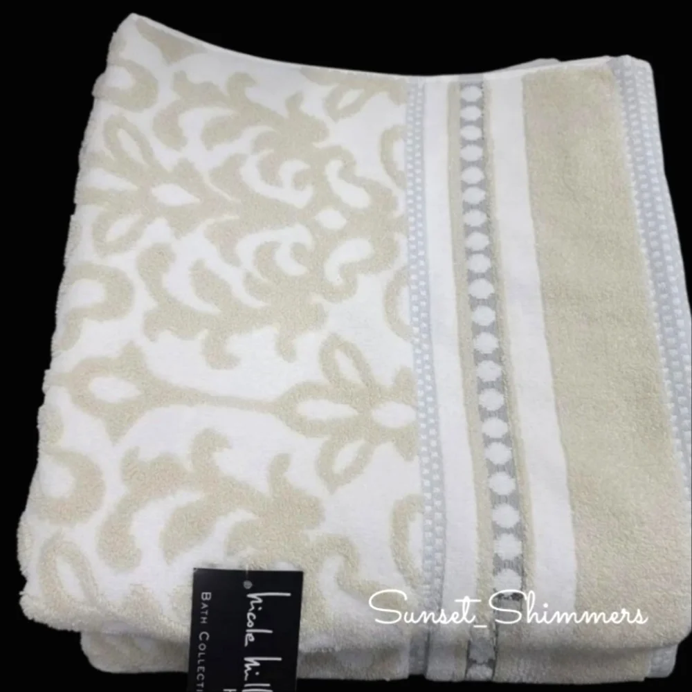 Nicole Miller 2pc Plush Damask Bath Towel Set Tan Gray White Cotton NEW